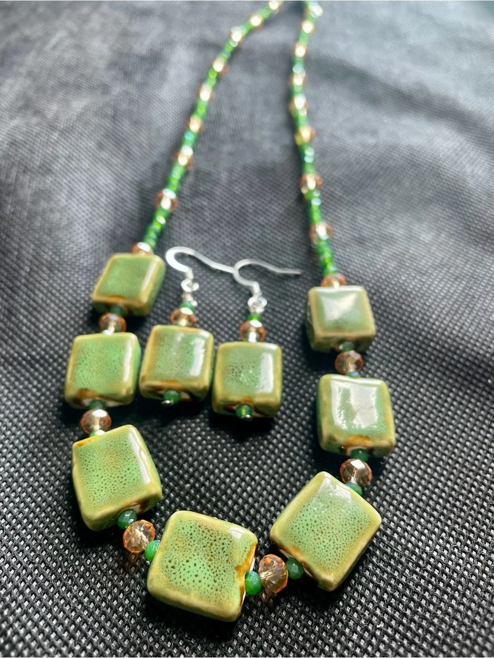 Green Ceramic Tile Necklace with Amber Accent Beads